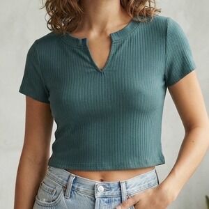 PS Basics PacSun Womens Ribbed Notch Neck Crop Top Teal Green Short Sleeve L